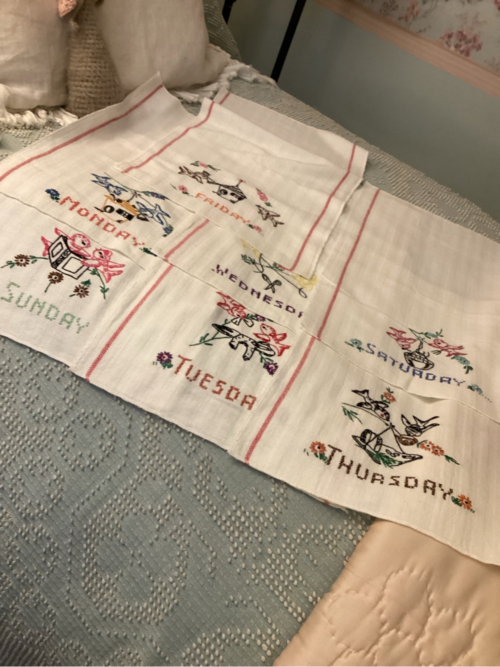 Vintage-Inspired Days of the Week Embroidered Kitchen Cloths - White